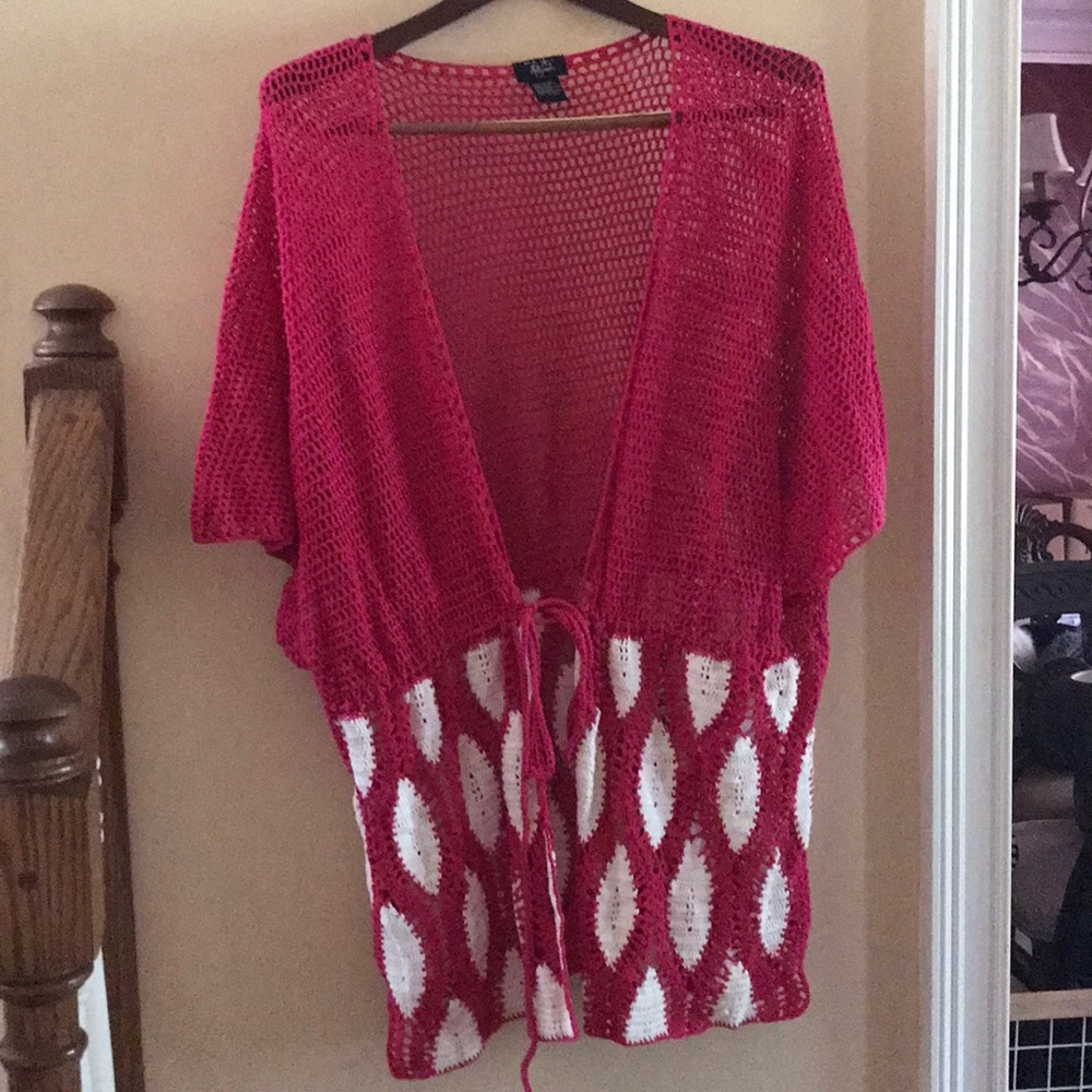 Pink and white crochet cardigan/swimsuit coverup